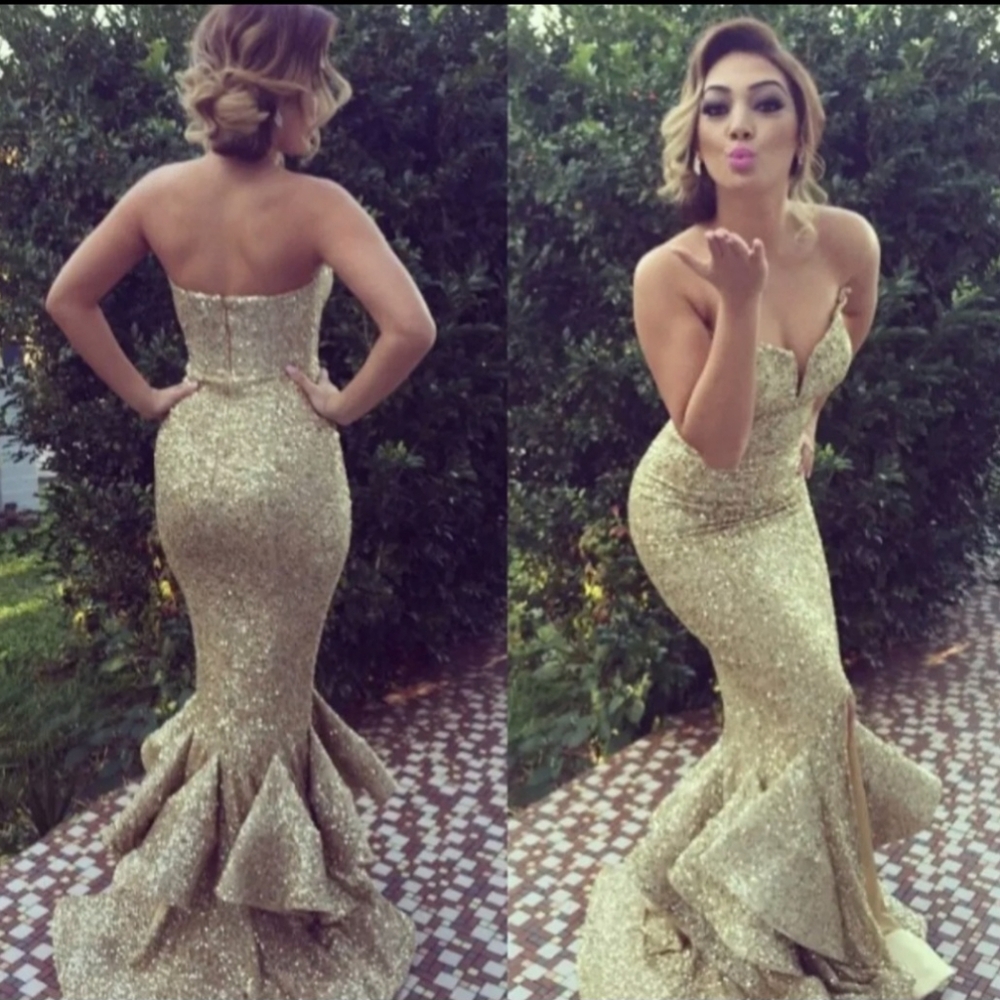 Portia and Scarlett Gold Diamond Sequin Gown Mermaid Trumpet Dress.